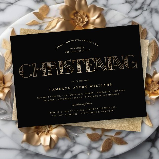 Convite Boho Elegante Chic Dourado/Negro Religioso (Boho Elegant Chic Gold/Black Christening Religious Invitation @ fat_fa_tin)