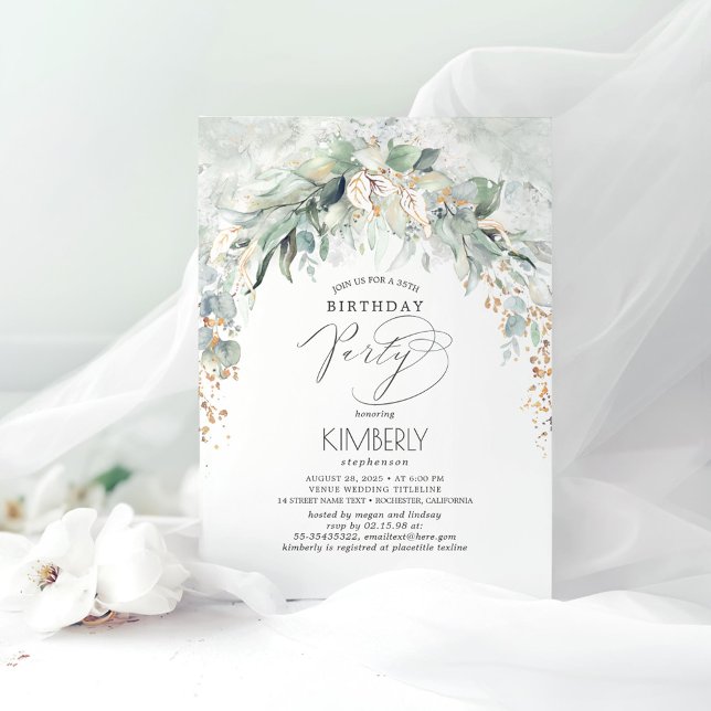 Convite Boho Elegante Dourado Glitter Greenery Aniversário (Greenery Romantic Birthday Invitations)