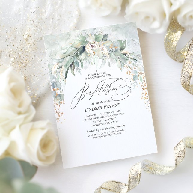 Convite Boho Elegante Dourado Glitter Greenery Baptism (Greenery Arch Baptism Invitation)
