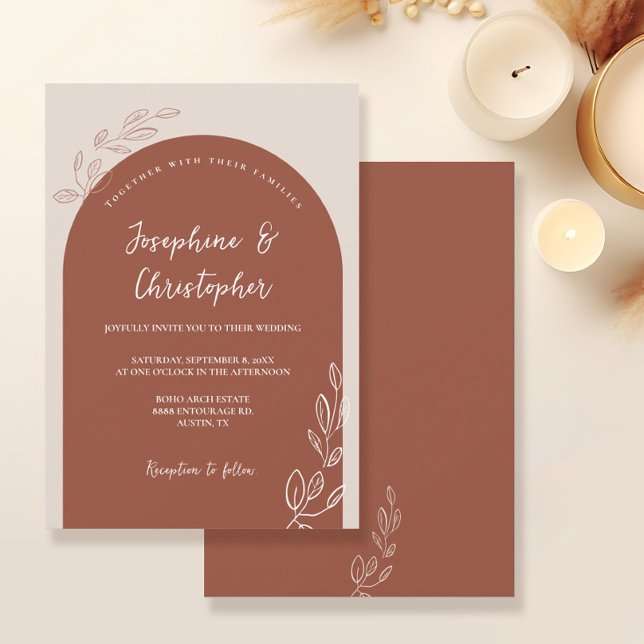 Convite Boho Elegante Folha Terracotta Arco Laranja Queima (Boho elegant Arch leaf details terracotta burnt orange unique wedding invitation)