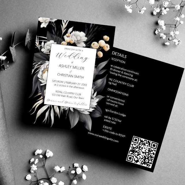Convite Boho elegante preto e branco, tudo em um casamento (Black and white elegant boho flowers all in one wedding editable template invitation digital downloa)