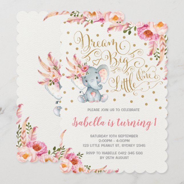 Convite Boho Elephant Birthday Invitation Dream Big Floral (Frente/Verso)