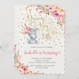 Convite Boho Elephant Birthday Invitation Dream Big Floral