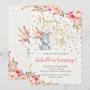 Convite Boho Elephant Birthday Invitation Dream Big Floral