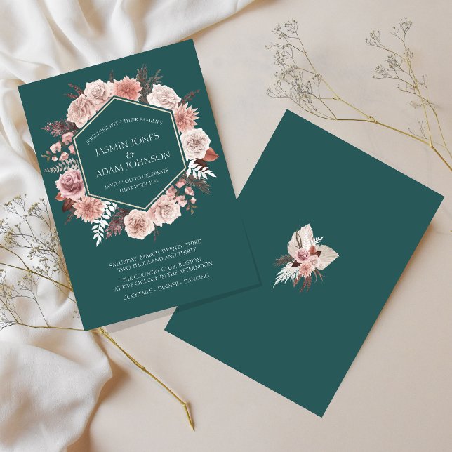 Convite Boho Emerald Green - Casamento Floral Cor-de-Rosa  (Boho Emerald Green Pink Floral Wreath Wedding Invitation)