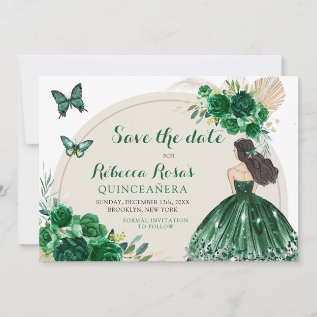 Convite Boho Emerald Green Quinceañera Salve A Data (Frente)