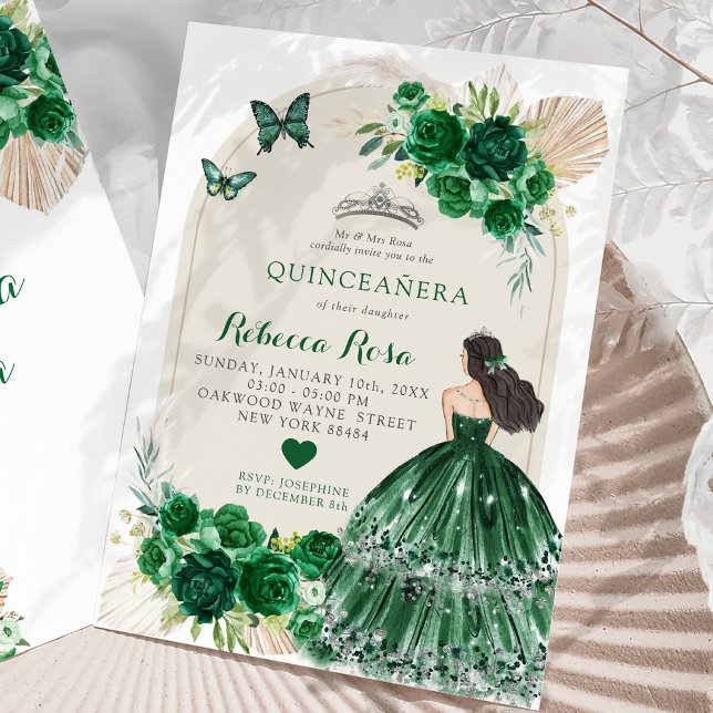 Convite Boho Emerald Green Rosas Princesa Quinceañera (Criador carregado)