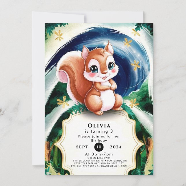 Convite Boho Encantado Esquilo Aniversário (Frente)