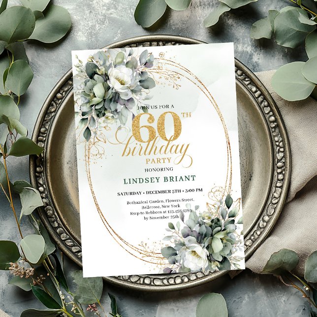 Convite Boho Eucalipto Verde para Aniversário de 6 (Greenery 60th Birthday Boho Eucalyptus Invite

)