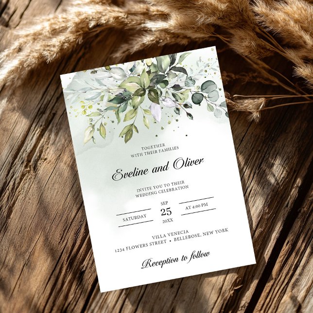 Convite Boho eucalyptus aquyptus, casamento (Modern greenery boho eucalyptus watercolor wedding invitation)