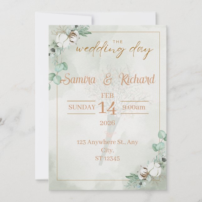 Convite Boho Eucalyptus & Cotton Wedding Invitation (Frente)