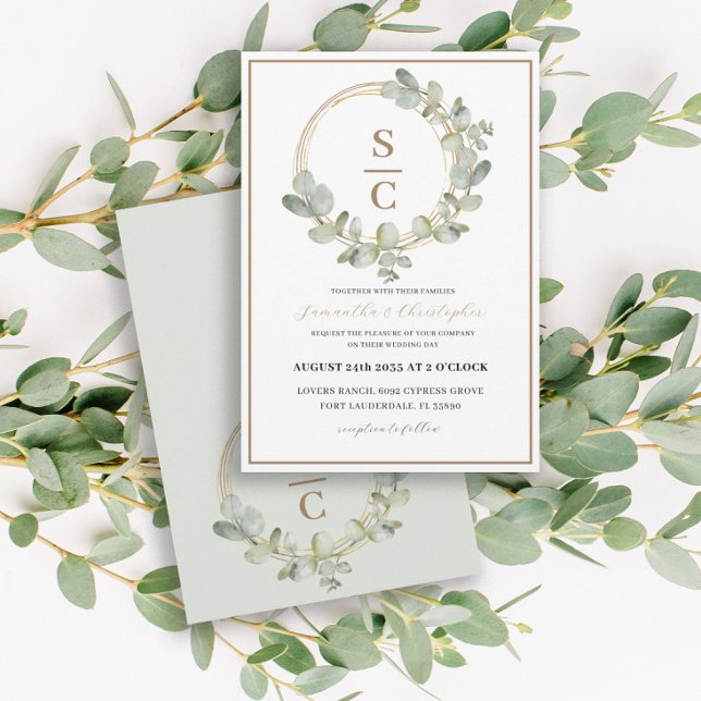 Convite Boho Eucalyptus Green & Dourado Wreath Wedding (Criador carregado)
