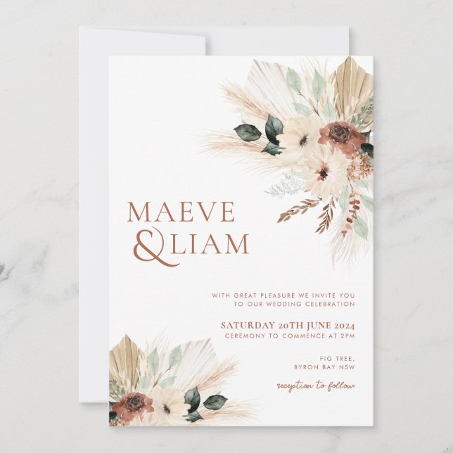 Convite Boho Eucalyptus Green Flowers Casamento Pampas (Frente)