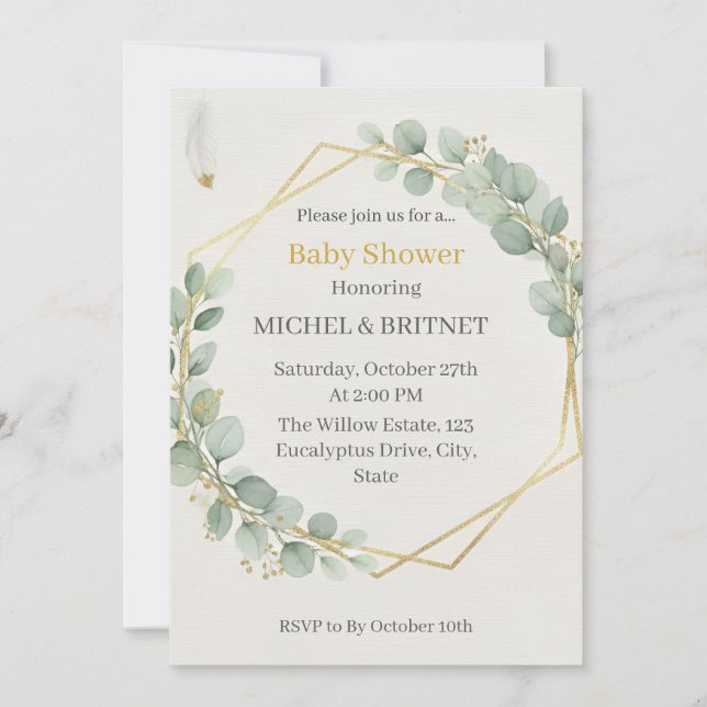 Convite Boho Eucalyptus Greenery Gold  Baby Showers (Frente)