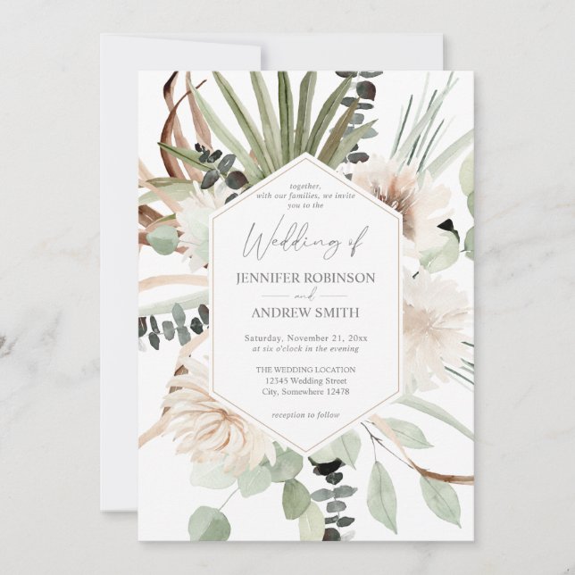 Convite Boho Eucalyptus Palm Leaf & Beige Casamento Floral (Frente)