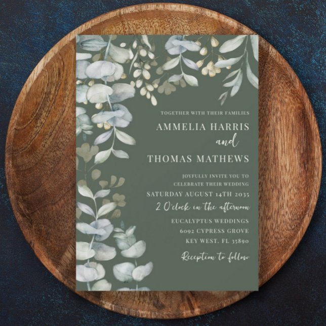Convite Boho Eucalyputus Casamento Botânico Verde Escuro I (Criador carregado)