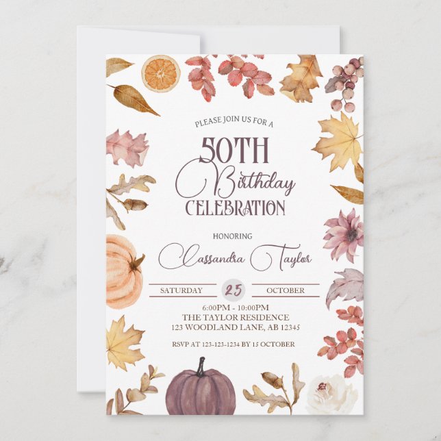Convite Boho Fall 50th Birthday, outono Foliage Birthday (Frente)