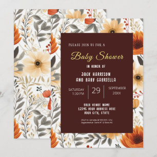 Convite Boho Fall Autumn Floral Brown Chá de fraldas