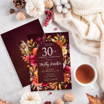 Convite Boho Fall Burgundy - aniversário de 30 anos de Scr<br><div class="desc">Lindas flores de outono criam um arco de moda Boho. Rosas vermelhas,  flores de terracotta e peões brancos misturam-se com folhas verdes e folhagem. As flores e o pop branco moderno contra o fundo vermelho burgundy. Este item faz parte da coleção Flores de Quedas de Borgonha.</div>