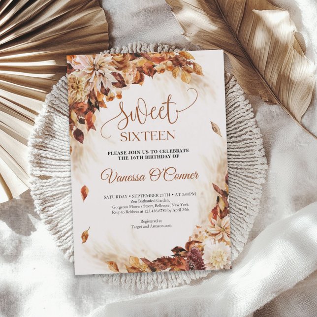 Convite Boho Fall e outono flores e folhas de cobre (Fall and autumn copper flowers and leaves invitation)