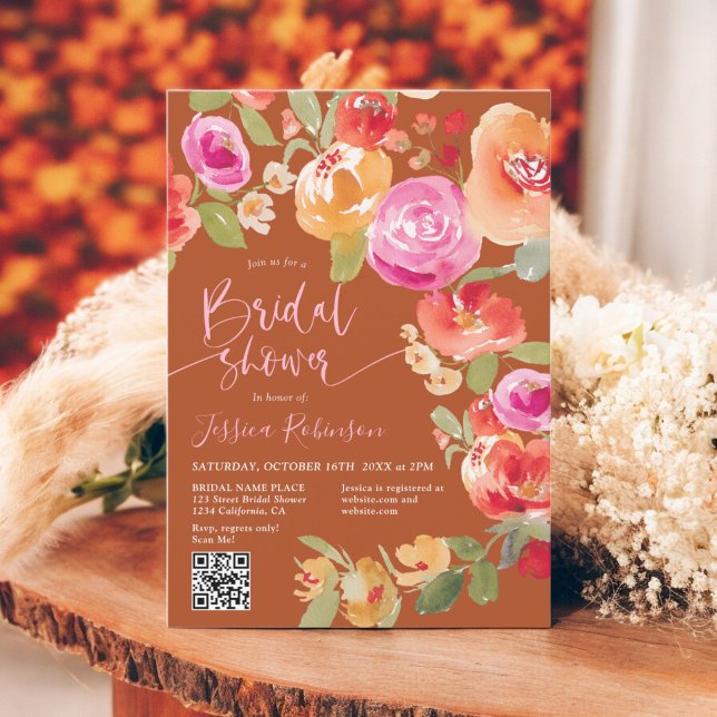 Convite Boho Fall floral aquarela QR chá de panela chic (Boho Fall floral watercolor QR chic bridal shower Invitation)