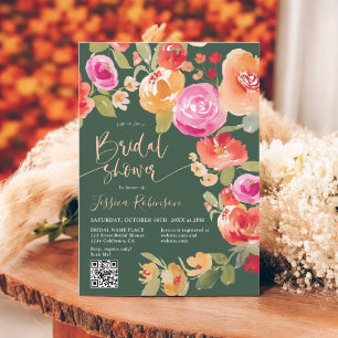 Convite Boho Fall floral aquarela QR chá de panela verde
