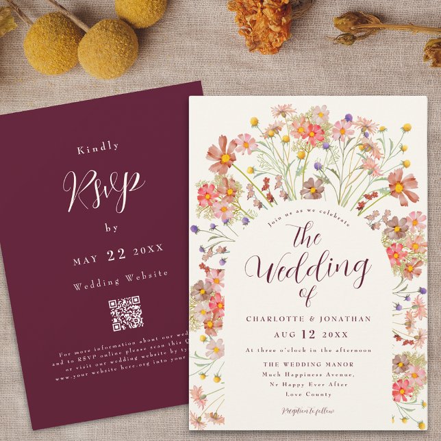 Convite Boho Fall Floral Arch Burgundy Cream Casamento (Boho fall rustic wildflowers floral arch burgundy ivory cream wedding qr code invitation Watercolor)
