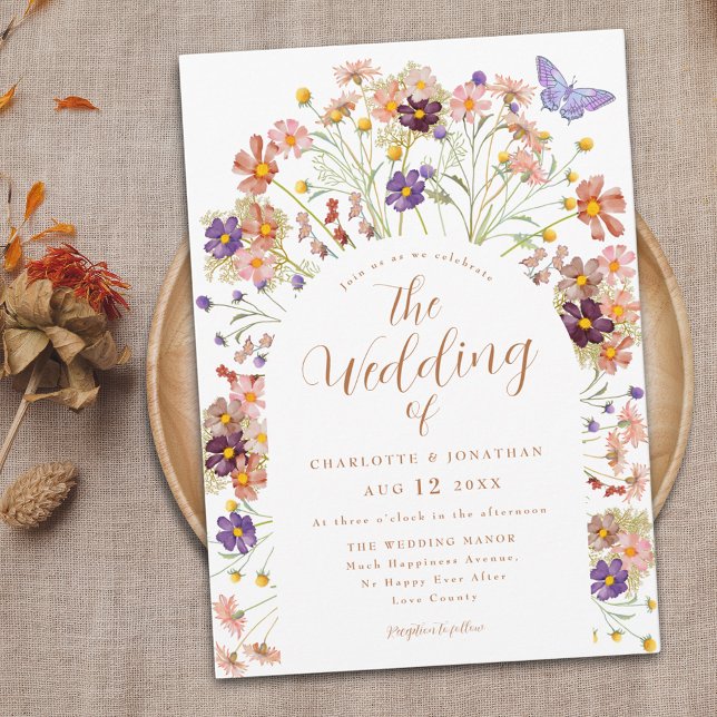 Convite Boho Fall Floral Butterfly Casamento (Boho fall rustic floral wedding invitation colorful whimsical watercolor wildflowers and butterfly)