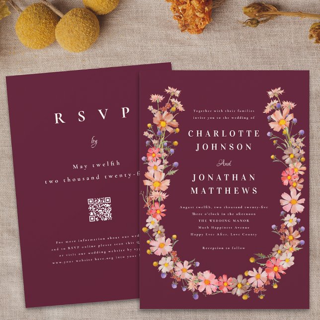 Convite Boho Fall Floral Código QR Casamento (Boho fall wildflower rustic floral wreath burgundy wedding qr code invitation Elegant watercolor)