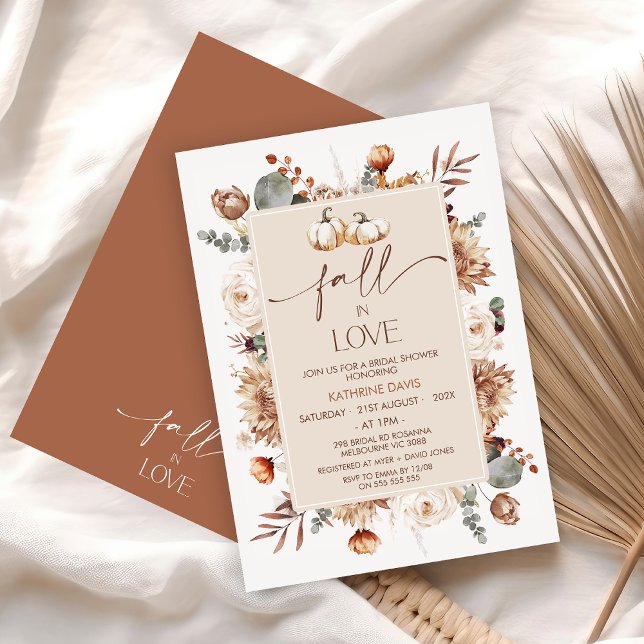Convite Boho Fall Floral Fall In Love Chá de panela (Boho Floral Fall In Love Bridal Shower Invitation, Autumn Bridal Shower Floral Foliage Terracotta)