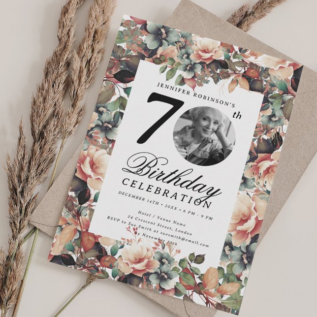 Convite Boho Fall Floral Garden Photo 70th Birthday  (Boho Fall Floral Garden Photo 70th Birthday Invitation)