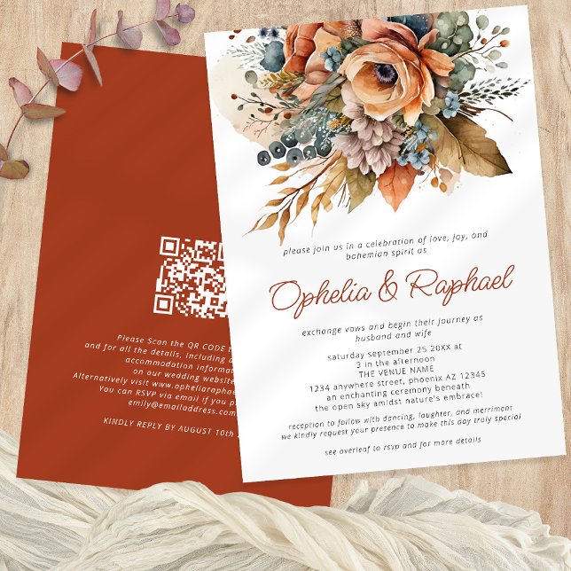 Convite Boho Fall Florals Terracotta Bohemian Wedding (Front and back)