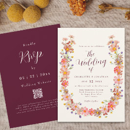 Convite Boho Fall Rustic Floral Código QR Casamento