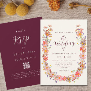 Convite Boho Fall Rustic Floral Código QR Casamento