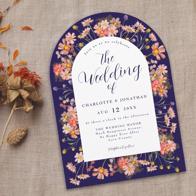 Convite Boho Fall Wildflower Arch Orange Casamento Laranja (Boho floral arch navy blue fall wedding invitation Elegant modern script watercolor wildflowers )
