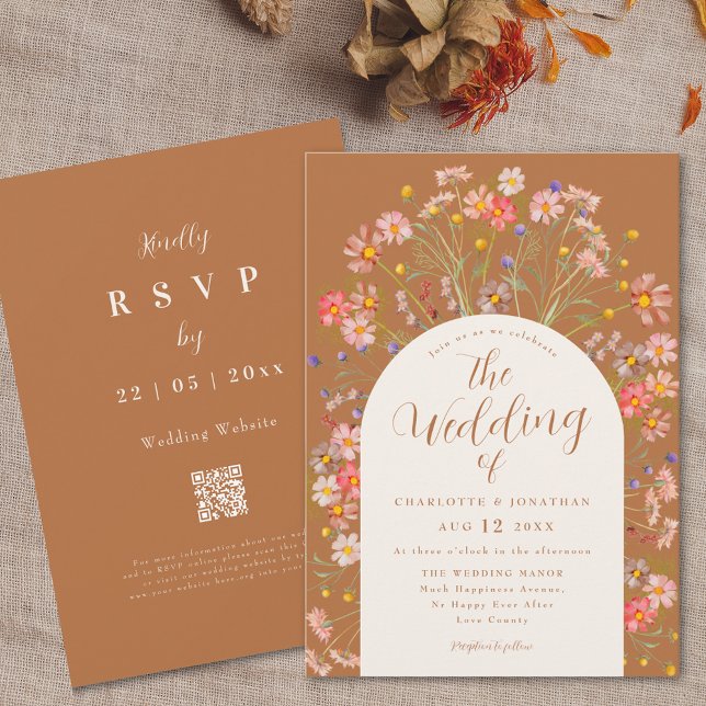 Convite Boho Fall Wildflower Arch Terracotta Casamento (Boho fall wildflower arch terracotta burnt orange elegant script wedding invitation )