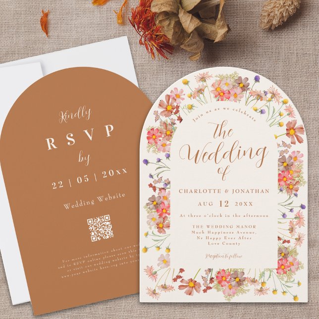 Convite Boho Fall Wildflower Arch Terracotta Casamento (Boho fall wildflower arch terracotta burnt orange elegant wedding invitation )