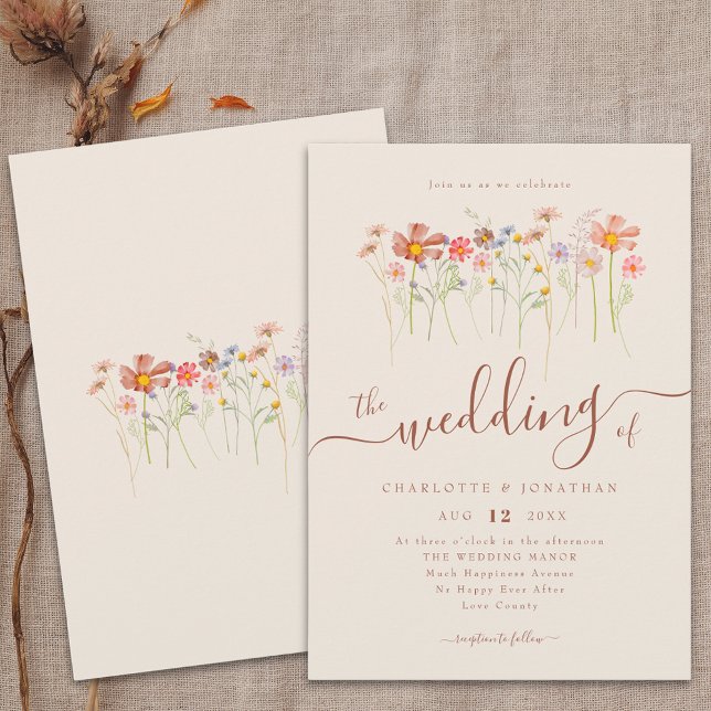 Convite Boho Fall Wildflower Beige Terracotta (Boho fall Wildflower floral beige & terracotta Wedding qr code invitation Watercolor meadow flowers)