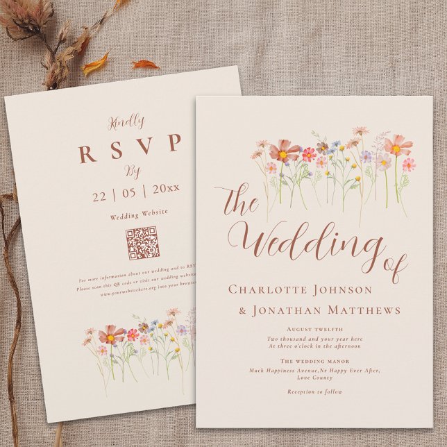 Convite Boho Fall Wildflower Beige Terracotta Código QR (Boho rustic wildflower floral beige terracotta wedding qr code invitation Watercolor meadow flowers)