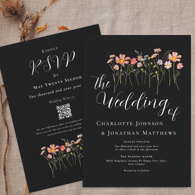 Convite Boho Fall Wildflower Black and White Código QR (Boho fall Wildflower meadow black & white Wedding qr code invitation watercolor florals elegant)