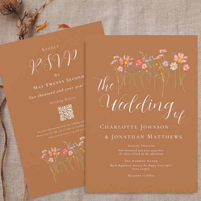 Convite Boho Fall Wildflower Brown Orange Código QR Casame (Boho fall Wildflower floral caramel brown sugar beige terracotta Wedding qr code invitation )