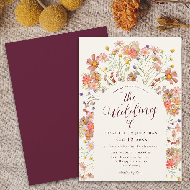 Convite Boho Fall Wildflower Burgundy e Cream Wedes (Boho fall rustic wildflowers floral arch burgundy ivory cream wedding invitation watercolor flowers)