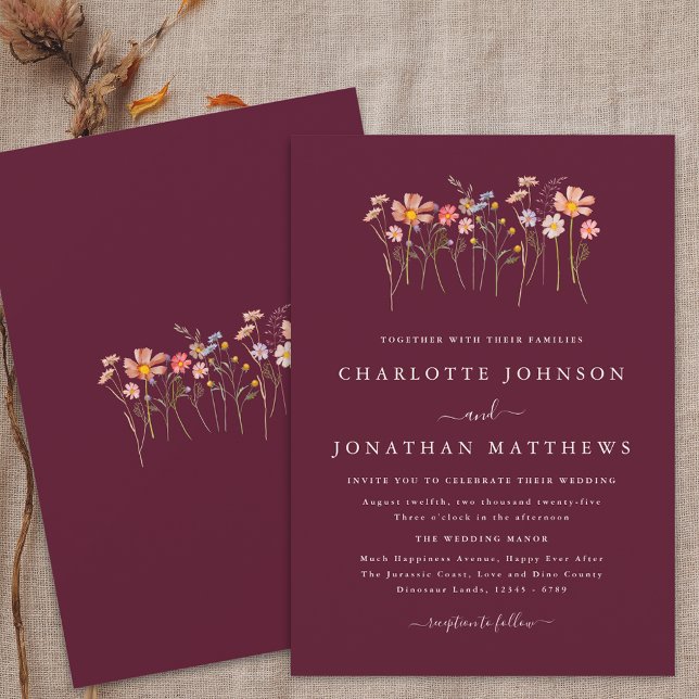 Convite Boho Fall Wildflower Burgundy & Terracotta Casamen (Boho fall wildflower meadow burgundy terracotta wedding invitation watercolor florals elegant modern)