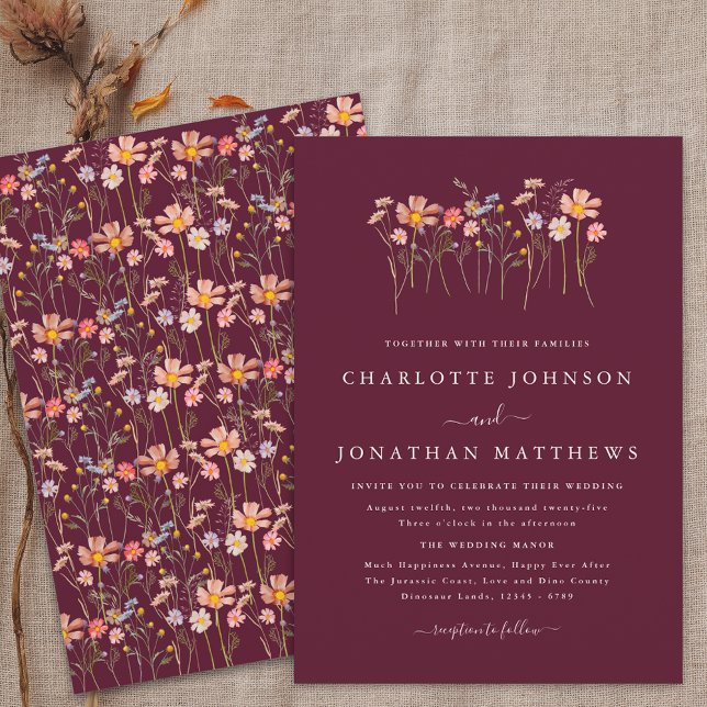 Convite Boho Fall Wildflower Burgundy & Terracotta Casamen (Boho fall wildflower burgundy terracotta wedding invitation watercolor floral modern elegant script )