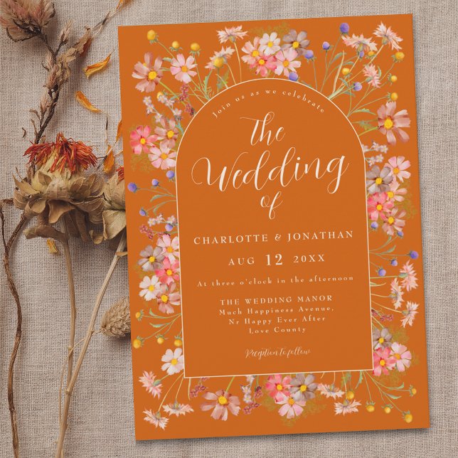 Convite Boho Fall Wildflower Burnt Orange Weding (Boho fall Wildflower floral arch terracotta burnt orange Wedding invitation Elegant modern script)