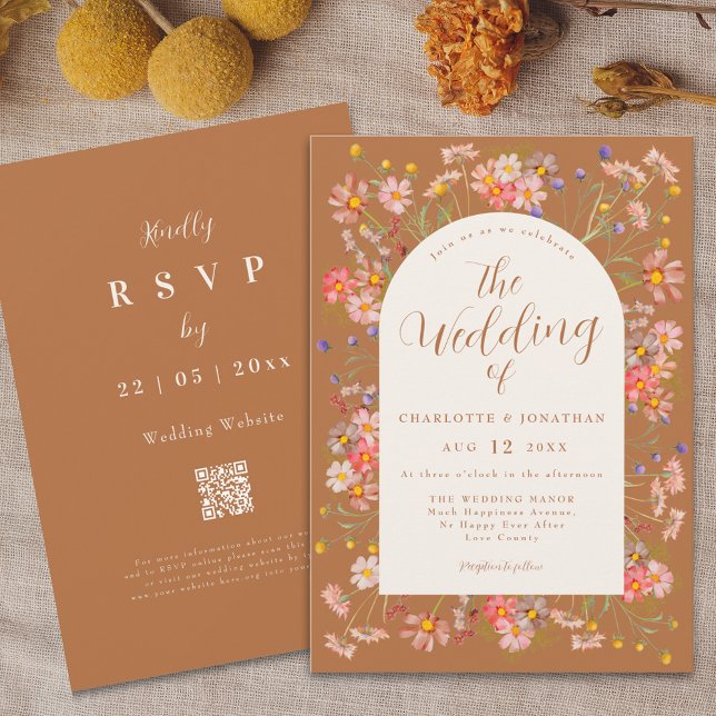 Convite Boho Fall Wildflower Burnt Orange Weding (Boho fall Wildflower arch burnt orange terracotta Wedding invitation elegant floral watercolor )