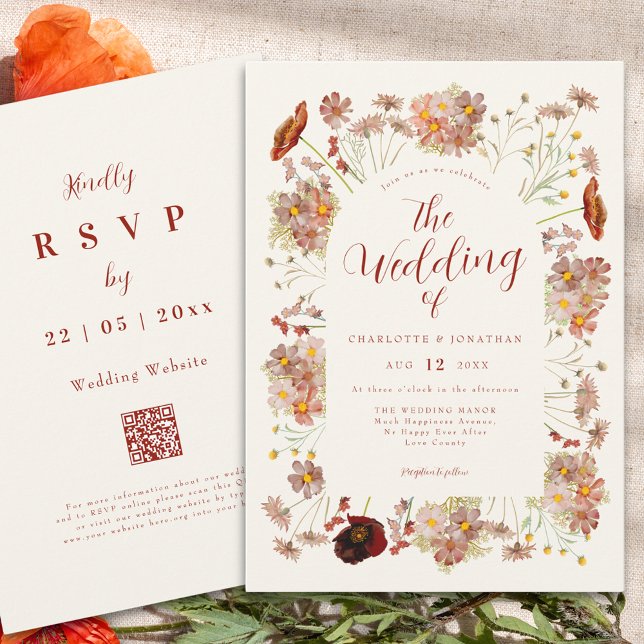 Convite Boho Fall Wildflower Burnt Orange Weding (Boho wildflower elegant fall wedding qr code invitation in earthy tones)