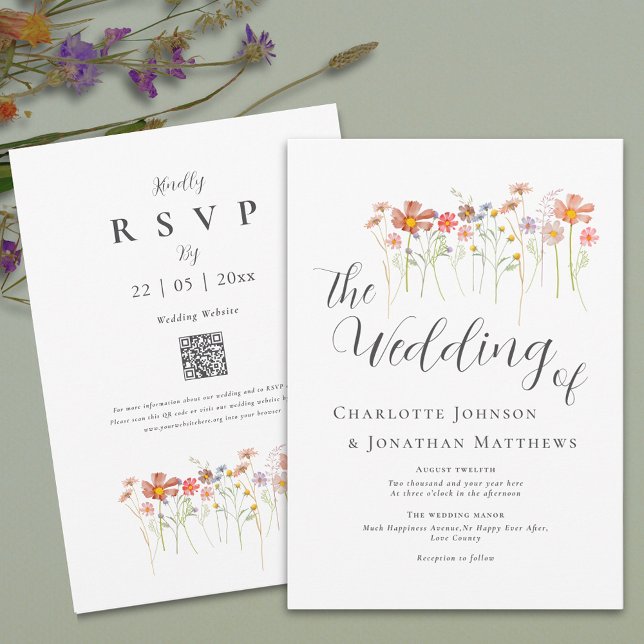 Convite Boho Fall Wildflower Código QR (Boho fall Wildflower floral Wedding qr code invitation Watercolor meadow flowers autumn colors)