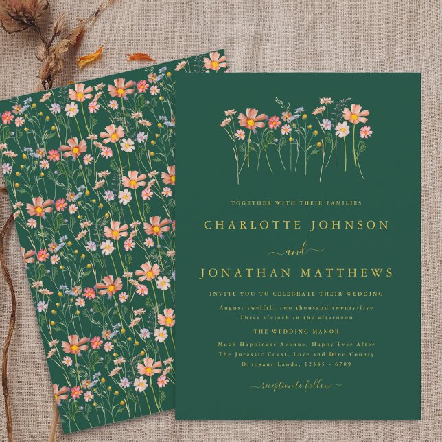 Convite Boho Fall Wildflower Dark Verde & Dourado Casament (Boho fall Wildflower floral green & gold Wedding invitation Watercolor garden meadow elegant modern)