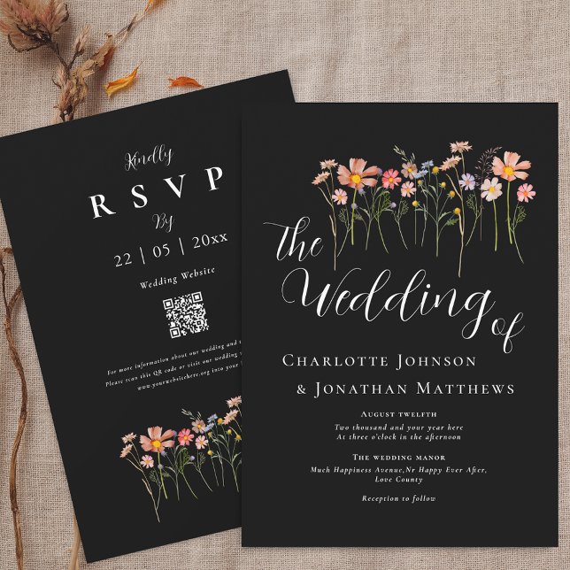Convite Boho Fall Wildflower Meadow Black & White Código Q (Boho fall Wildflower floral black & white Wedding qr code invitation Watercolor meadow flowers)